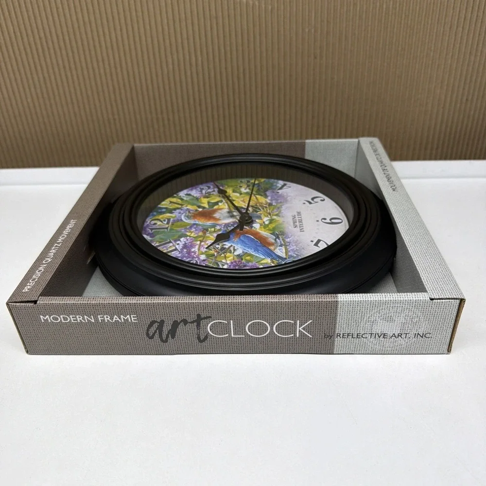 Reflective Art 10' Wall Clock BlueBirds Spring Interlude W/ Flower Garden Cabin